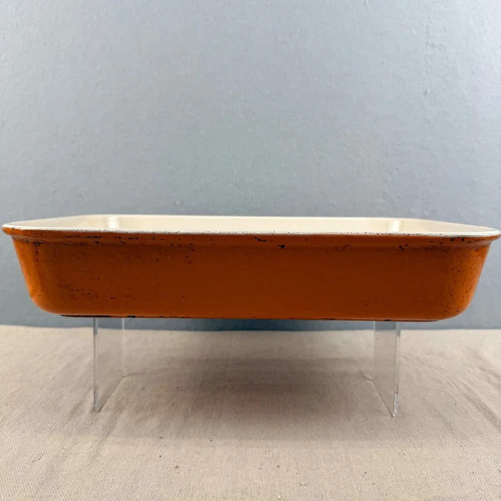 Vintage Le Creuset Flame Orange 15x10 Roasting Pan Folding Handles HTF France‎